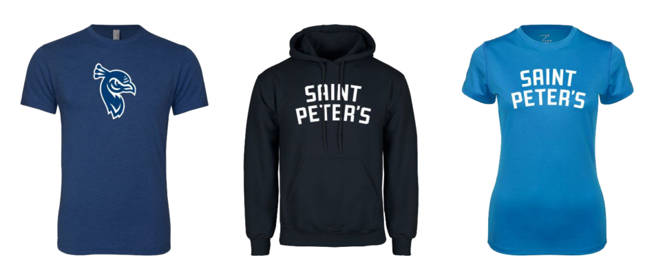 Three pieces of merchandise from the Saint Peter's University store.