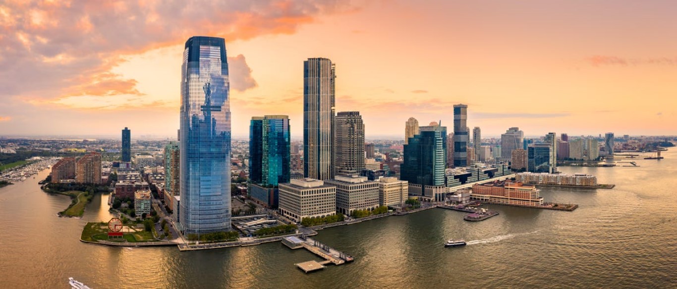 View of Jersey City from above the water.