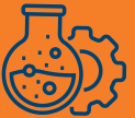 Logo of a round bottom flask with a gear layered behind.