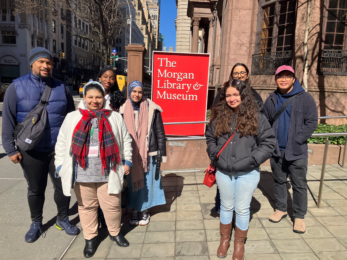 Photo of students on a trip to see an exhibit on the life of Franz Kafka at the Morgan Library & Museum in New York City.