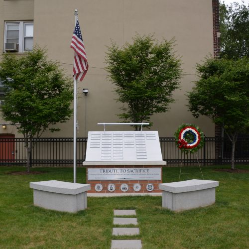 The Veterans memorial, A Tribute to Sacrifice, located in the courtyard outside of the Mac Mahon Student Center on Saint Peter's University Jersey City campus.