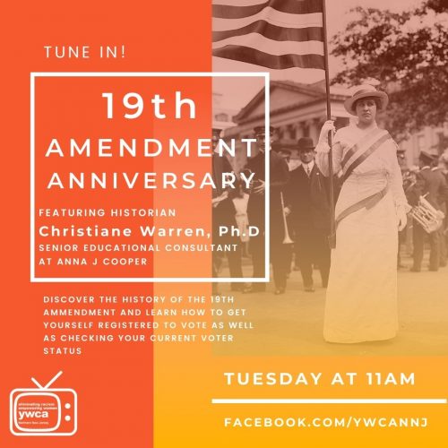 Advertisement from the YWCANNJ featuring Dr. Christiane Warren speaking on the 19th Amendment.