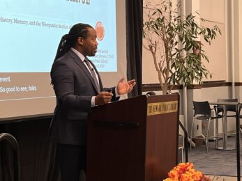 photo of Dr. John Johnson delivering 2023 Philip Roth Lecture