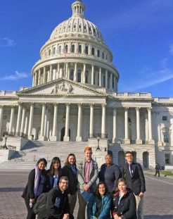 At Capitol Hill front row from left: Jason Downer, S.J., special assistant to the vice president of mission and ministry, Jasy Lata '19 and Alexis O'Callahan '19. Back row: Aitana Libreros '18, Thu anh Ly '19, Nick Dawybida '19, Ryan Campen '19, Ondrelique Ouellette '17 and Dominick Mastrodonato '20. 